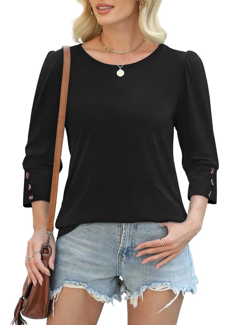 OFEEFAN Blouses for Women Dressy Casual Women's Clothing Plus Size Spring Tops Trendy 3/4 Sleeve with Buttons Cute Plain Summer Outfits 2026 Black 3XL - Image 3