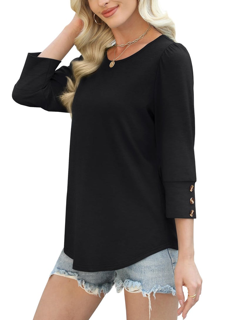 OFEEFAN Blouses for Women Dressy Casual Women's Clothing Plus Size Spring Tops Trendy 3/4 Sleeve with Buttons Cute Plain Summer Outfits 2026 Black 3XL - Image 4