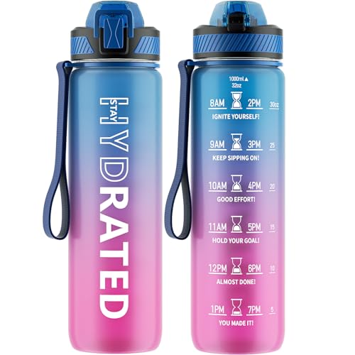 QLUR Water Bottle with Straw, 32oz Motivational Water Bottles with Time Marker to Drink, Tritan BPA Free, 1L Sports Water Bottle with Carry Strap LeakProof for Women Gym Fitness Outdoor (1 Pack) - Image 1