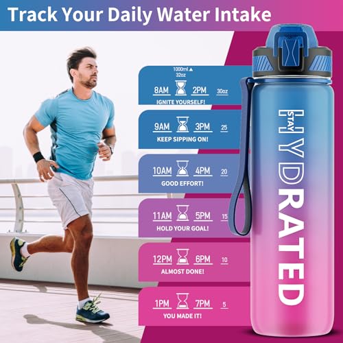 QLUR Water Bottle with Straw, 32oz Motivational Water Bottles with Time Marker to Drink, Tritan BPA Free, 1L Sports Water Bottle with Carry Strap LeakProof for Women Gym Fitness Outdoor (1 Pack) - Image 2