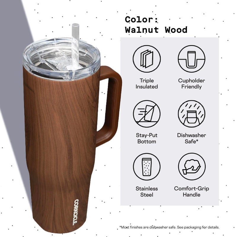 Corkcicle Cruiser Insulated Tumbler with Handle and Straw  Walnut Wood  40 oz - Reusable Water Bottle Keeps Beverages Cold for 20 Hours  Hot for 9 Hours - Cupholder Friendly - Image 4