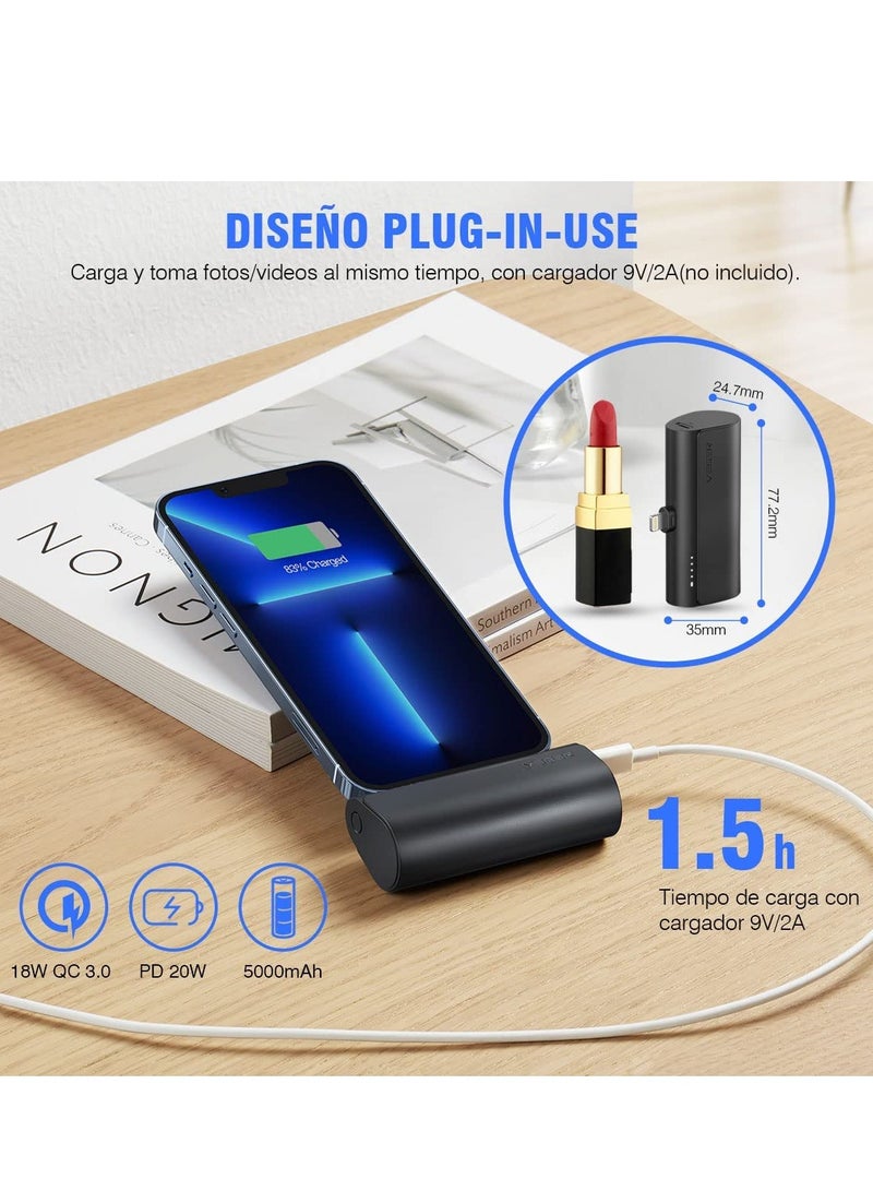 VEGER Portable Mini Powerbank 5000mAh Quick Charge 20W PD, QC 3.0 External Battery Built-in Plug, Portable Charger Plug-in-Use Powerbank Compatible for iPhone 13/12/11/XR/X/8/7/6/Plus - Image 2