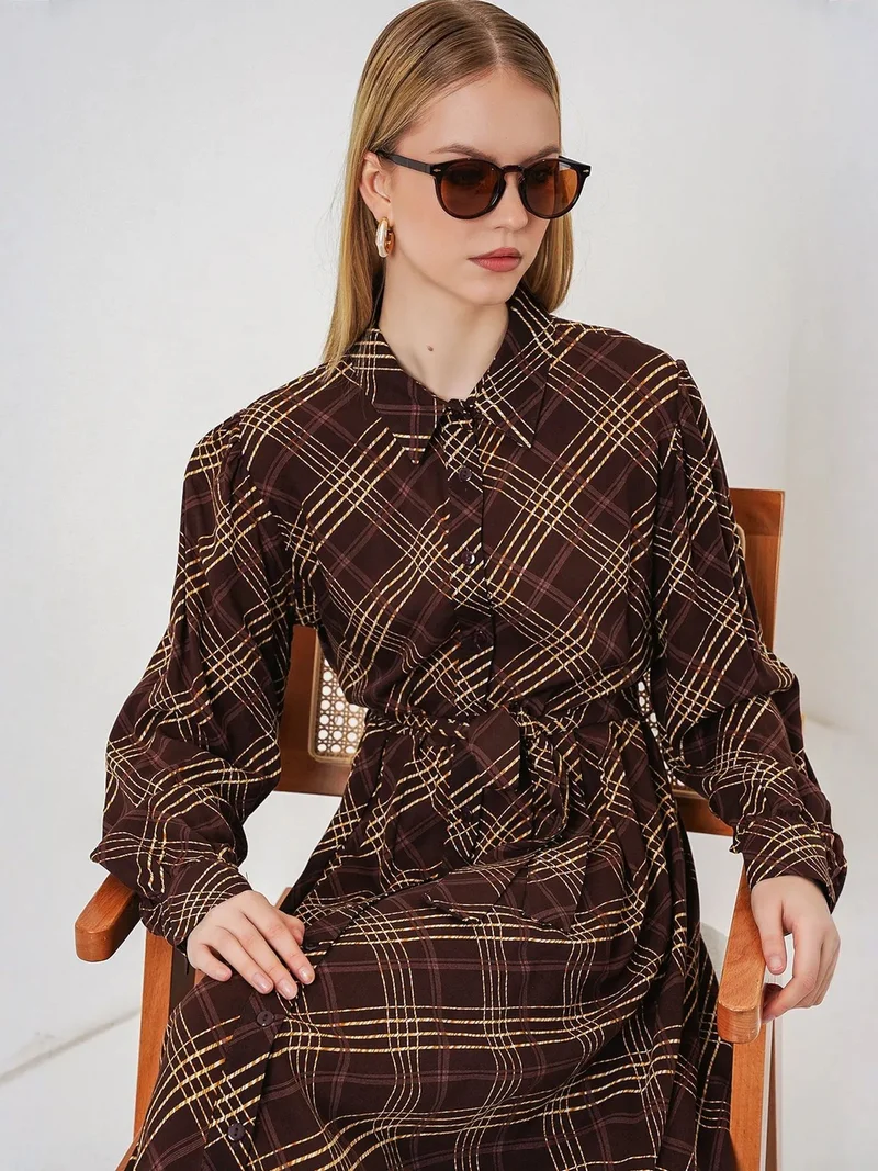 بيغ دارت BDART Plaid Midi Shirt Dress with Button Closure