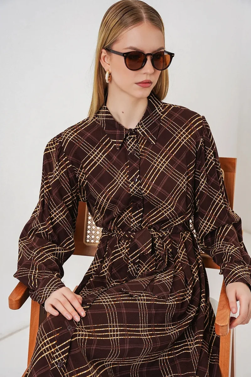 بيغ دارت BDART Plaid Midi Shirt Dress with Button Closure