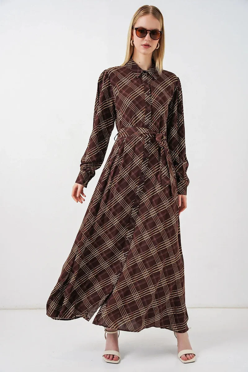 بيغ دارت BDART Plaid Midi Shirt Dress with Button Closure