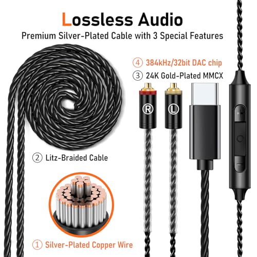 Audiovance Vibes 202MC USB-C Wired Earbuds - USBC HiFi in Ear Headphones for iPhone 17/16/15 - Noise Isolating Ear Buds w/ Mic - Clear Sound, Deep Bass & Comfort-Fit Earphones - Silver Plated Cord, Carrying Case - Image 4