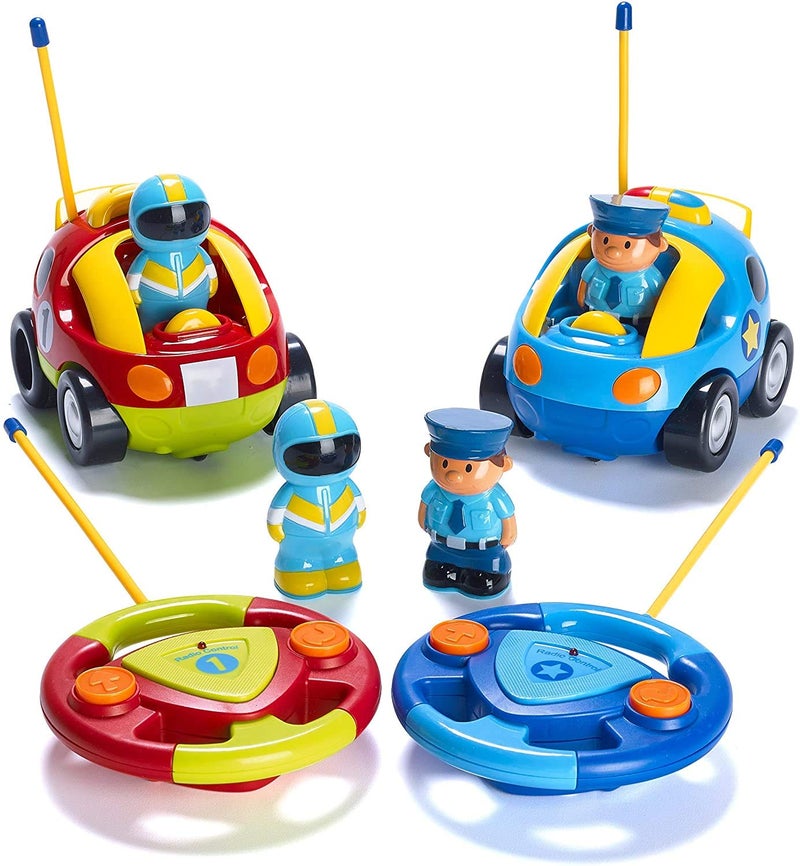 PREXTEX Cartoon Remote Control Car - 2-Pack Police Car and Race Car Toddler Toys - RC Cars for Kids with Different Frequencies - Easy Remote Control Toy and Thoughtful Gifts for Boys and Girls - Image 1