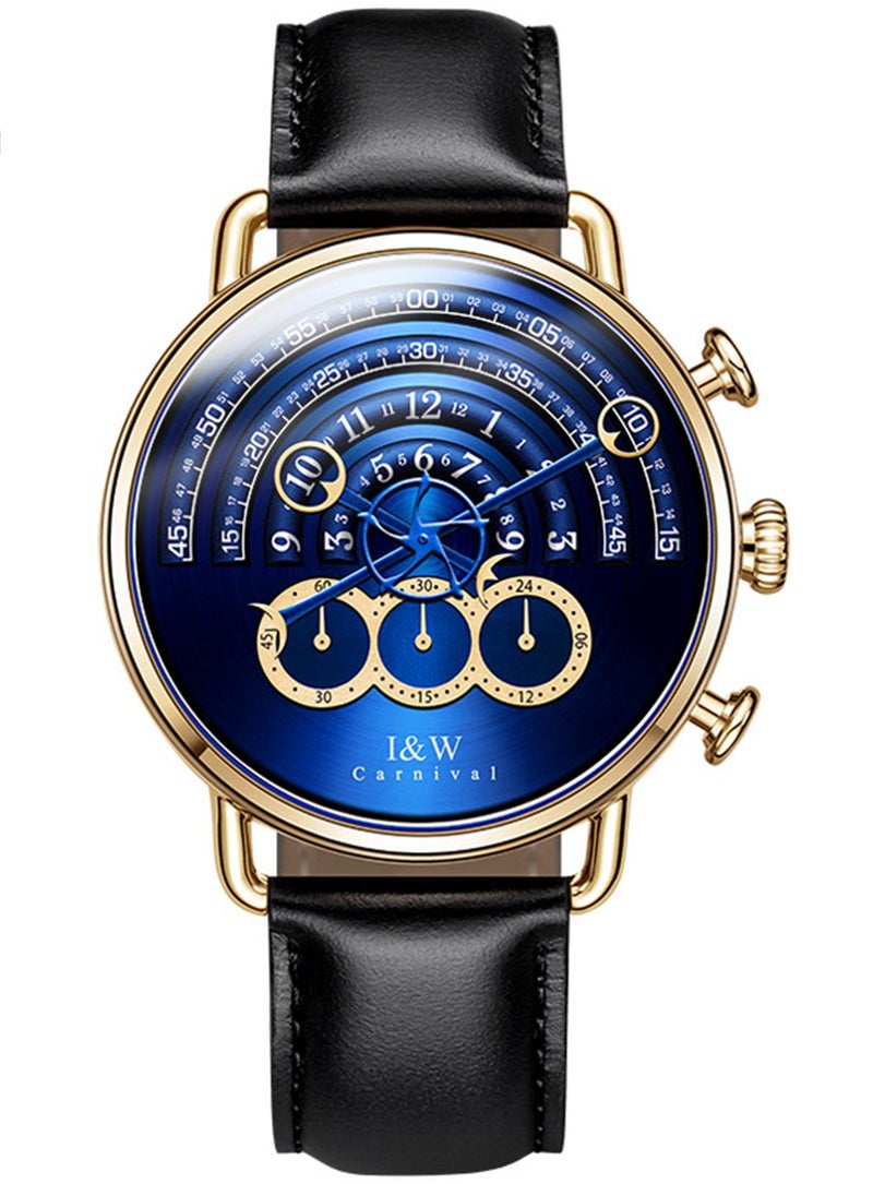 Carnival Unique Mens Chronograph Watch Black Leather Strap 41MM Stainless Steel Case Sapphire Glass 30M Water Resistant Blue Dial Dress Casual Business Gold Wrist Watch for Men - Image 2