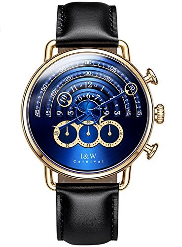 Carnival Unique Mens Chronograph Watch Black Leather Strap 41MM Stainless Steel Case Sapphire Glass 30M Water Resistant Blue Dial Dress Casual Business Gold Wrist Watch for Men - Image 1