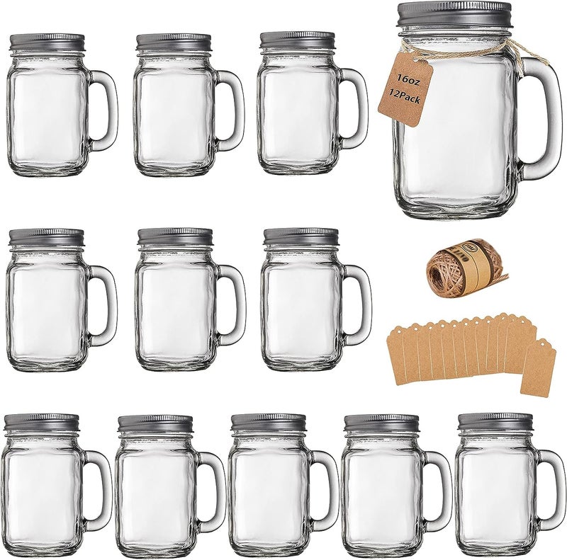 TANGLONG Mason Jar Cups Mason Jars With Handle And Lids Drinking Glasses Cups Glass Mugs with Handles 16 oz 12 Pack