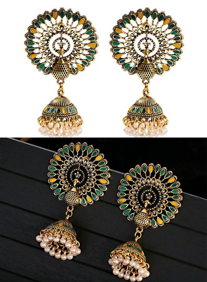 Indian Ethnic Gold Plated Peacock Floral Jhumka Earrings for Women, Green Yellow Enamel Inlay Pearl Bell Drop Earrings, Traditional Wedding Festival Bridal Jewelry - Image 1
