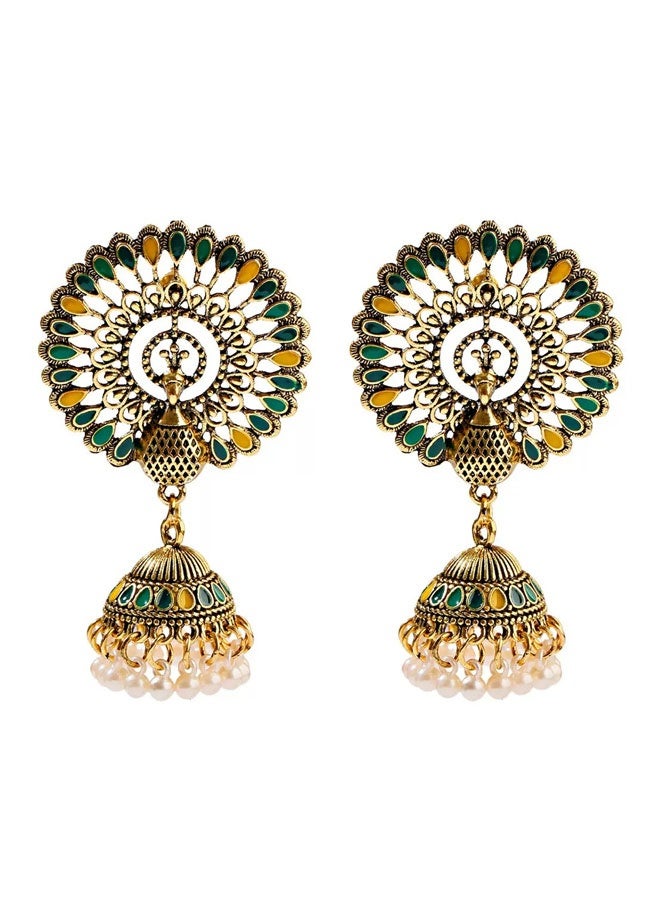 Indian Ethnic Gold Plated Peacock Floral Jhumka Earrings for Women, Green Yellow Enamel Inlay Pearl Bell Drop Earrings, Traditional Wedding Festival Bridal Jewelry - Image 3