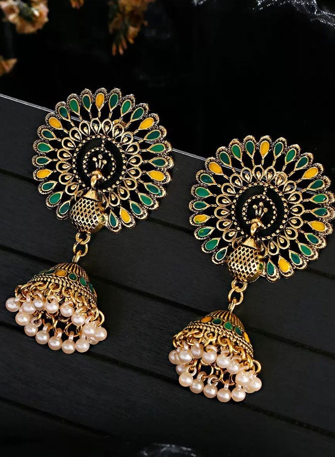 Indian Ethnic Gold Plated Peacock Floral Jhumka Earrings for Women, Green Yellow Enamel Inlay Pearl Bell Drop Earrings, Traditional Wedding Festival Bridal Jewelry - Image 2