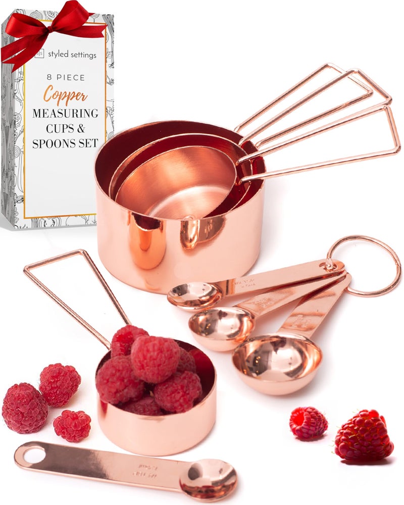 Copper Measuring Cups and Spoons Set  8Piece Stackable Stainless Steel Metal Measuring Utensils  Stylish and Sturdy Rose Gold Kitchen Accessories for Baking and Cooking