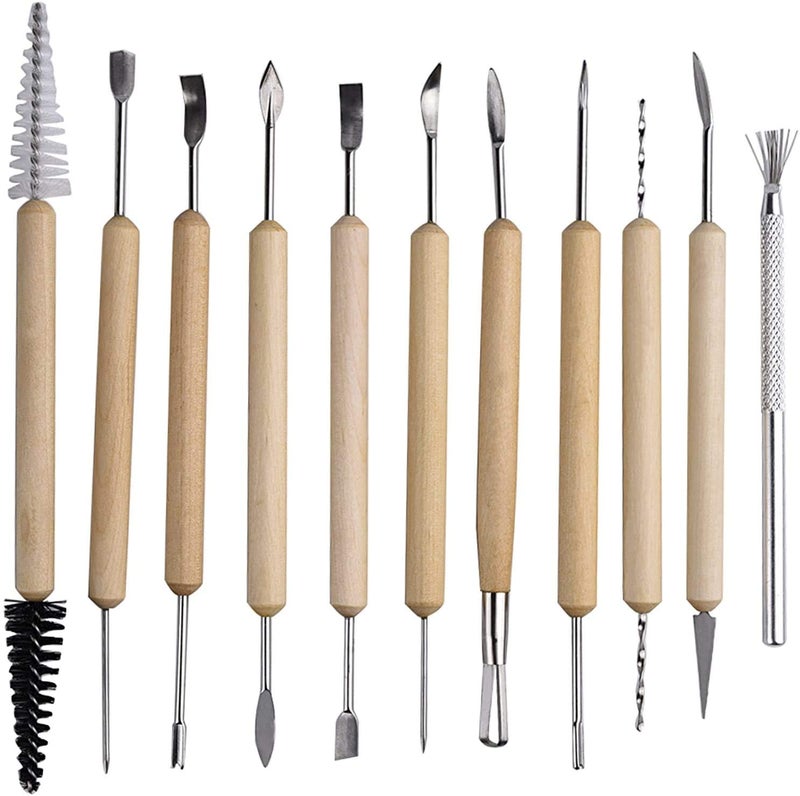 ELINKA Pottery Tool Kit,19pcs Polymer Clay Tools,Carving Modeling Clay Sculpting Tools Kit,Ceramics Tools,Trimming,Embossing Pattern,Smooth Wooden Handles - Image 2