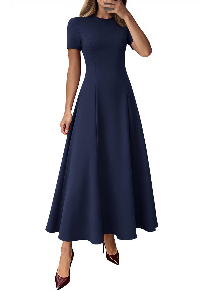 KIRUNDO Wedding Guest Dresses for Women 2026 Spring Summer Short Sleeve Pleated Long Flowy A Line Formal Maxi Dress Pockets(Navy Blue, Medium) - Image 1