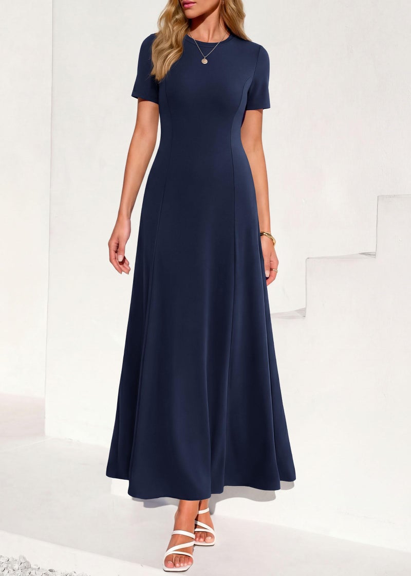 KIRUNDO Wedding Guest Dresses for Women 2026 Spring Summer Short Sleeve Pleated Long Flowy A Line Formal Maxi Dress Pockets(Navy Blue, Medium) - Image 2