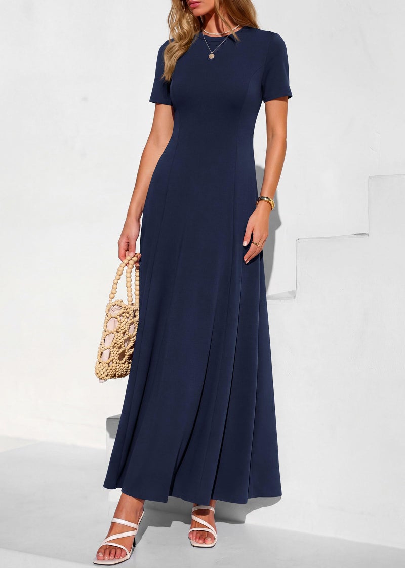 KIRUNDO Wedding Guest Dresses for Women 2026 Spring Summer Short Sleeve Pleated Long Flowy A Line Formal Maxi Dress Pockets(Navy Blue, Medium) - Image 3