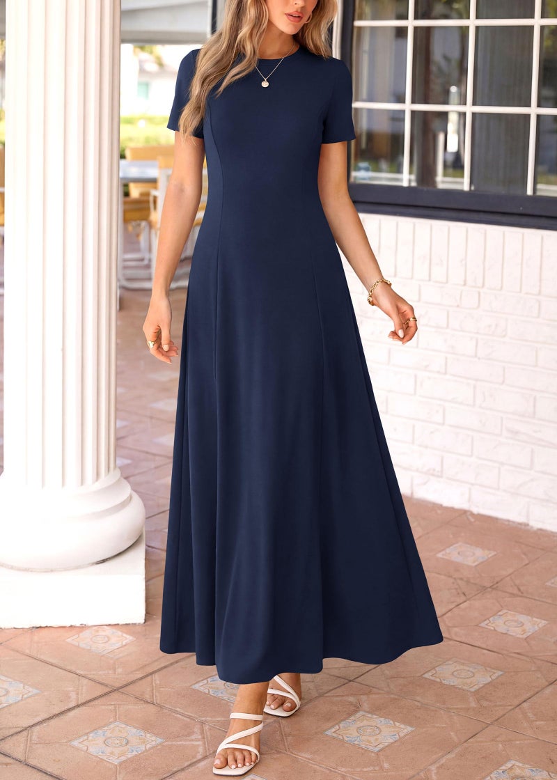 KIRUNDO Wedding Guest Dresses for Women 2026 Spring Summer Short Sleeve Pleated Long Flowy A Line Formal Maxi Dress Pockets(Navy Blue, Medium) - Image 4