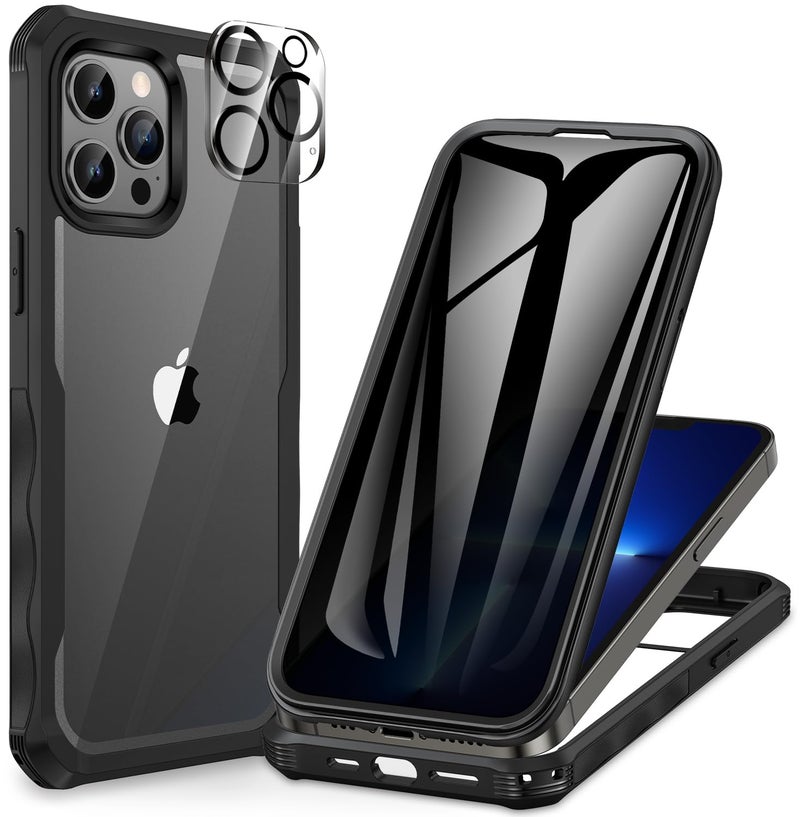 CENHUFO Privacy for iPhone 13 Pro Case, Full Body Phone Case with Built-in 9H Tempered Glass Privacy Screen Protector and Camera Lens Protector, Anti Peep Shockproof Bumper Clear Cover - Black - Image 1