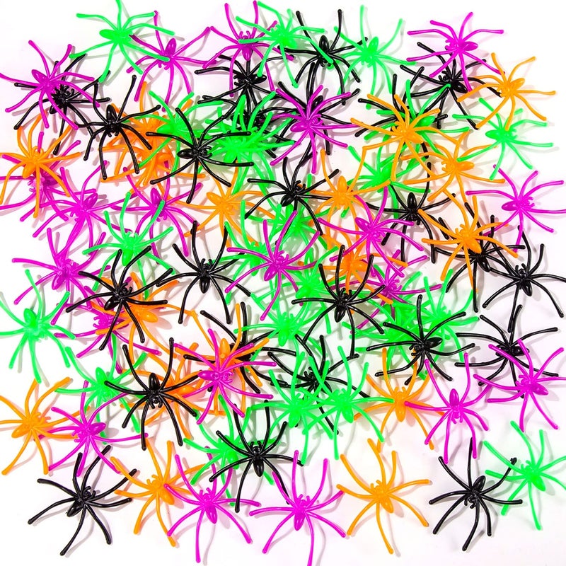 JIALWEN 120 Pieces Halloween Realistic Plastic Spiders 4 Colors Small Spider Toys Black Fake Spiders Prank Props for Halloween Home and Party Decorations - Image 2