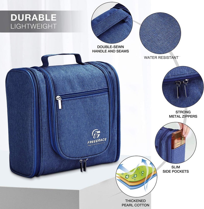 Freegrace Hanging Toiletry Bag Extra Large Capacity | Premium Travel Organizer Bags For Men And Women | Durable Waterproof Nylon Bathroom, Shower, Makeup Bag For Toiletries, Cosmetics, Brushes (Snow Blue) - Image 3