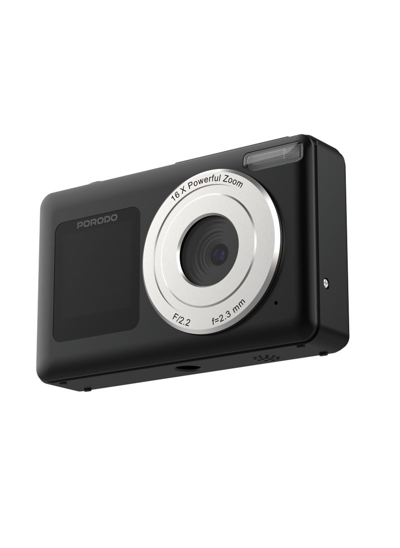 porodo Lifestyle Dual-Screen Digital Camera with 18x Digital Zoom and Auto-Focus / 2.4" HD Screen / 4K, 2.7K, 1080P, 720P Video Resolution / 48MP, 44MP, 36MP, 24MP, 20MP, 16MP, 12MP, 8MP, 5MP Photo Resolution - Black  - Image 4