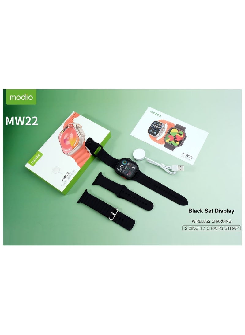 modio Modio MW22 Smartwatch with Large 2.2 Inch Touch Display – Stylish Black Design for Ladies and Gents – Includes 3 Interchangeable Straps and Charging Cable – Fitness Tracker with Heart Rate Monitor, Sleep Tracking, Call Alerts, and Long Battery Life - Image 3