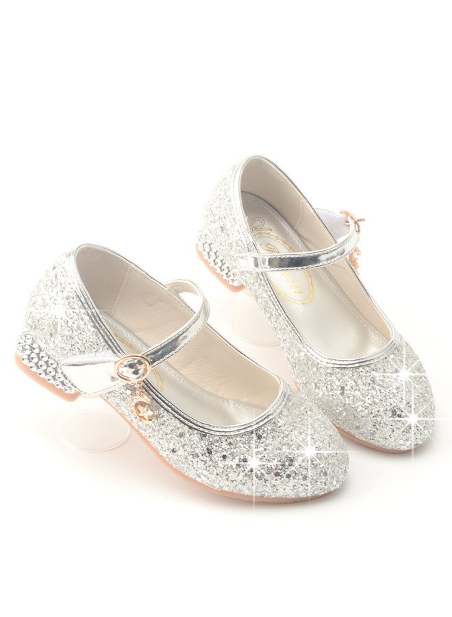 Korean Style New Girls' High Heeled Single-layer Shoes Sequin Crystal Shoes Large Girls' Princess Shoes Female Primary School Students' Performance Shoes Trendy