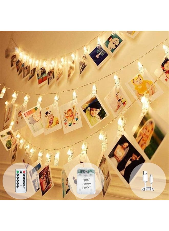 The Bros Photo Clip String Lights, 3M 30 CLIPS Battery &USB Operated Fairy String Lights Hanging Photos Pictures Memos Cards for Exhibition Graduation Birthday Wedding Party Decoration  - Image 1