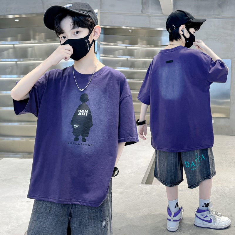 Boys' T-Shirts Short-Sleeved Medium and Large Kidsren's Summer Clothes 2025 New Summer Clothes Half-Sleeved T-Shirts Summer Cotton Tops - Image 1