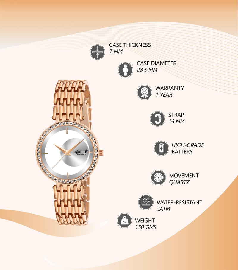 Ajanta Quartz Luxury Analog Bracelet Watch |Diamond Studded | Rose Gold Watch |Minimalistic Dial with Bracelet Chain for Women & Girls (La Luna Collection) - Image 2
