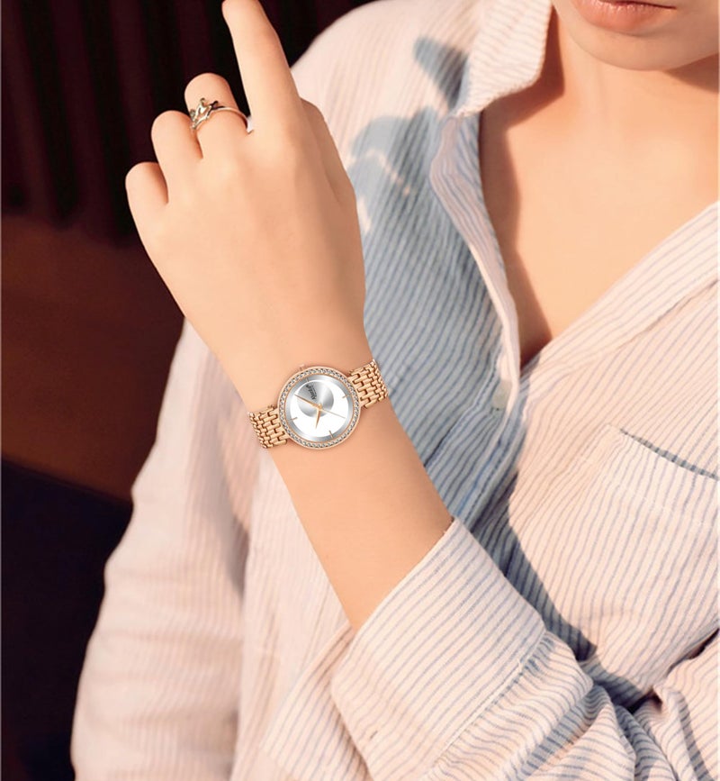 Ajanta Quartz Luxury Analog Bracelet Watch |Diamond Studded | Rose Gold Watch |Minimalistic Dial with Bracelet Chain for Women & Girls (La Luna Collection) - Image 3