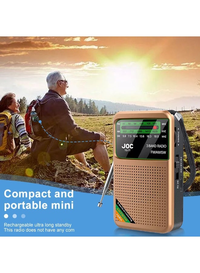 Joc Portable Radio FM AM SW, Battery Operated, Best Reception, Portable Speaker Radios Rechargeable With HD Display Screen, 3.5 MM Earphone Jack, Suitable For Indoor, Outdoor And Emergency Use, Golden - Image 3