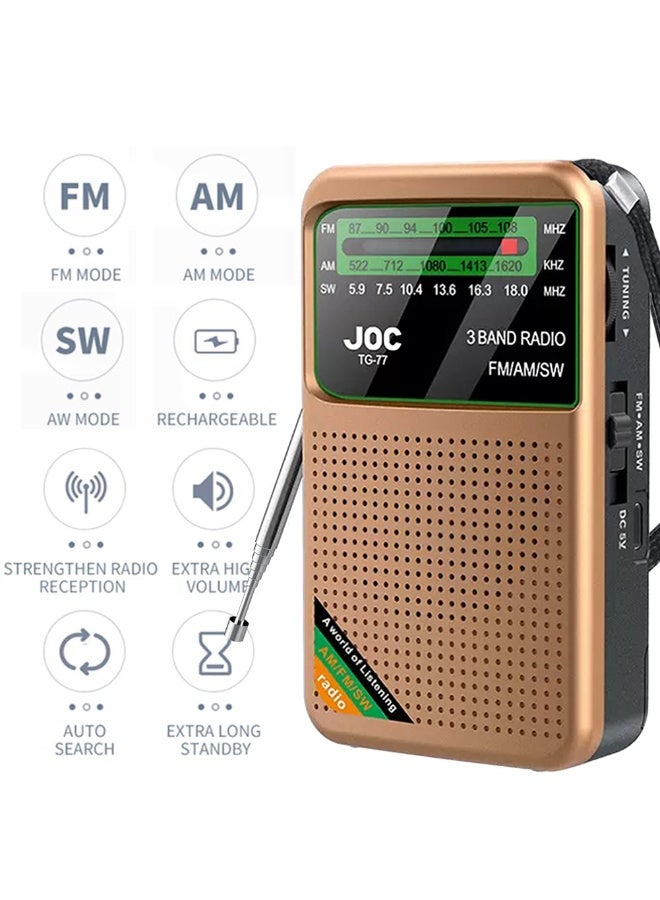 Joc Portable Radio FM AM SW, Battery Operated, Best Reception, Portable Speaker Radios Rechargeable With HD Display Screen, 3.5 MM Earphone Jack, Suitable For Indoor, Outdoor And Emergency Use, Golden - Image 2