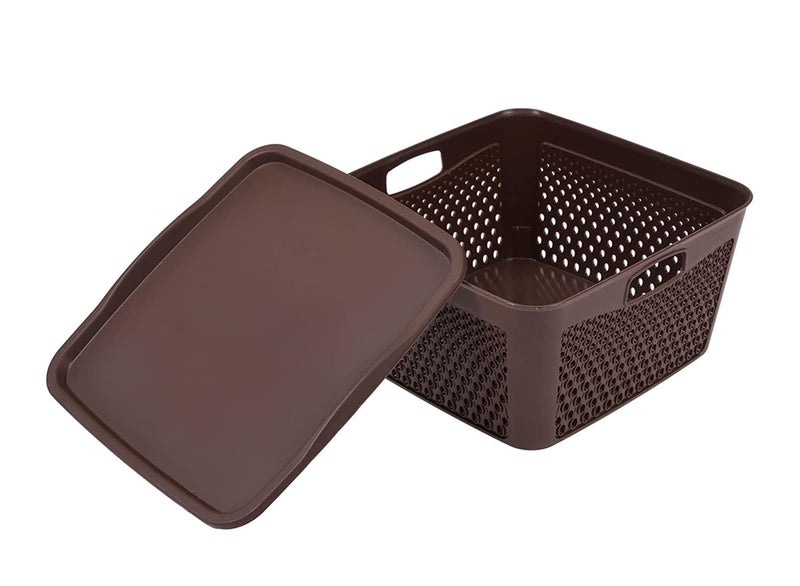 Kuber Industries Kuber Industries Plastic Basket For Storage With Lid|Netted Design Vegetable Basket For Kitchen|Side Handles Small Size (Brown)  - Image 2