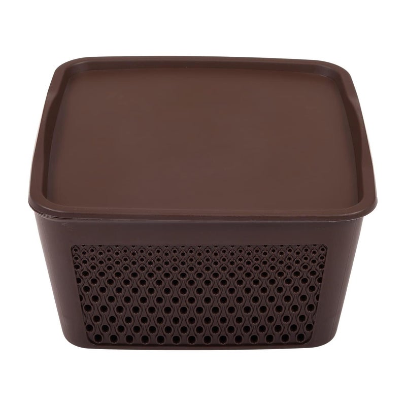 Kuber Industries Kuber Industries Plastic Basket For Storage With Lid|Netted Design Vegetable Basket For Kitchen|Side Handles Small Size (Brown)  - Image 5