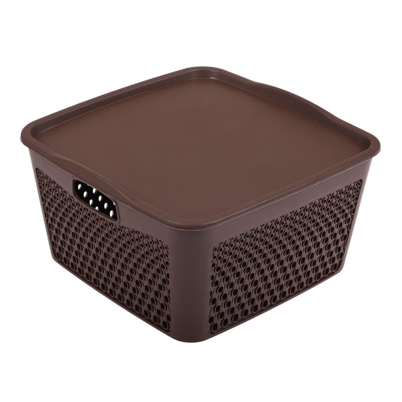 Kuber Industries Kuber Industries Plastic Basket For Storage With Lid|Netted Design Vegetable Basket For Kitchen|Side Handles Small Size (Brown)  - Image 1