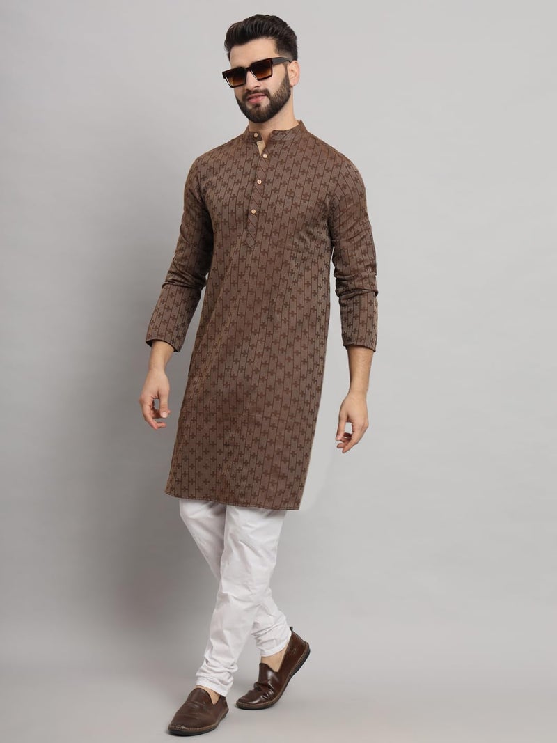 LATEST CHIKAN Men's Cotton Regular Striped Knee Lenght Regular Fit Kurta Full Sleeves - LK_+_BR-38 Brown, Medium - Image 2