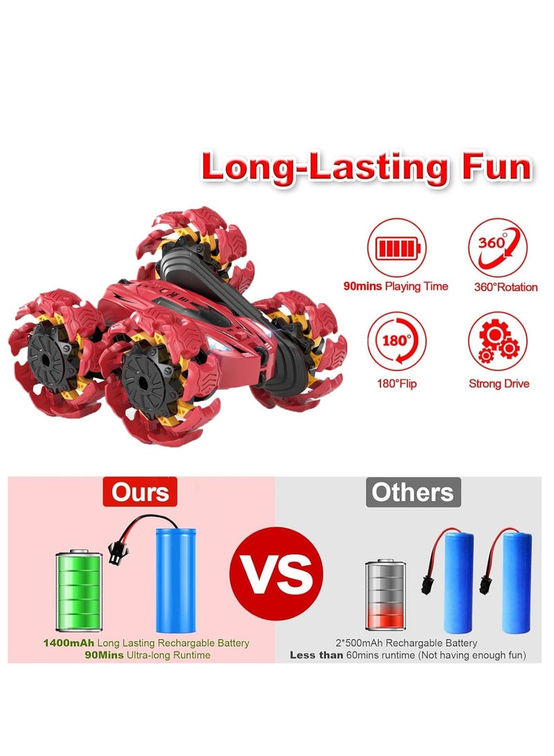 رايتشر سيارة حيلة سيارة لعبة سيارة حيلة تستشعر الإيماءات وجهاز تحكم عن بعد، 360 درجة قابلة للدوران والتدحرج على الوجهين، لعبة سيارة للتحكم عن بعد على الطرق الوعرة بتردد 2.4 جيجا هرتز هي هدية للأطفال (أحمر) - Image 2