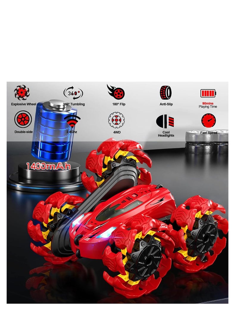 رايتشر سيارة حيلة سيارة لعبة سيارة حيلة تستشعر الإيماءات وجهاز تحكم عن بعد، 360 درجة قابلة للدوران والتدحرج على الوجهين، لعبة سيارة للتحكم عن بعد على الطرق الوعرة بتردد 2.4 جيجا هرتز هي هدية للأطفال (أحمر) - Image 3