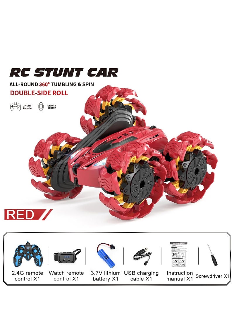 رايتشر سيارة حيلة سيارة لعبة سيارة حيلة تستشعر الإيماءات وجهاز تحكم عن بعد، 360 درجة قابلة للدوران والتدحرج على الوجهين، لعبة سيارة للتحكم عن بعد على الطرق الوعرة بتردد 2.4 جيجا هرتز هي هدية للأطفال (أحمر) - Image 4