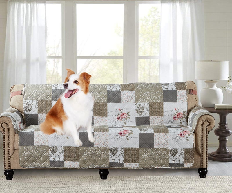Brilliant Sunshine Brilliant Sunshine Roses and Toile Couch Slip Cover Patchwork Design Quilted Slipcover with 2 Strap 78 Seat Slip Resistant Cushion Protector Washable Sofa Covers for Dogs Cats Kids Rose Grey