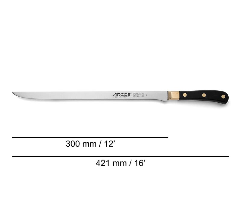 Arcos Carving Knife 12 Inch Stainless Steel. Ham Slicer Knife for Cutting Ham and Meat. Ergonomic Polyoxymethylene Handle and 300mm Blade. Series Regia. Color Black/Gold - Image 2