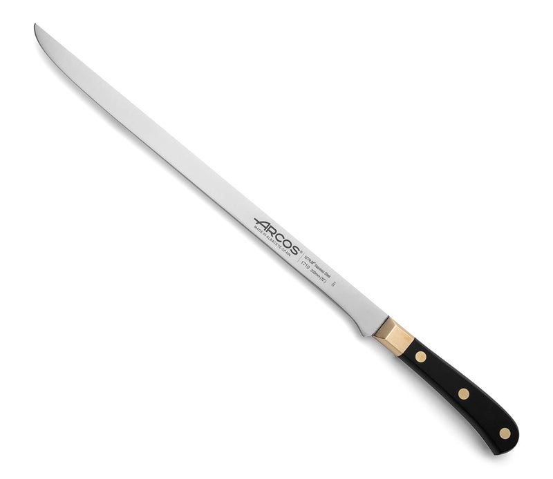 Arcos Carving Knife 12 Inch Stainless Steel. Ham Slicer Knife for Cutting Ham and Meat. Ergonomic Polyoxymethylene Handle and 300mm Blade. Series Regia. Color Black/Gold - Image 1