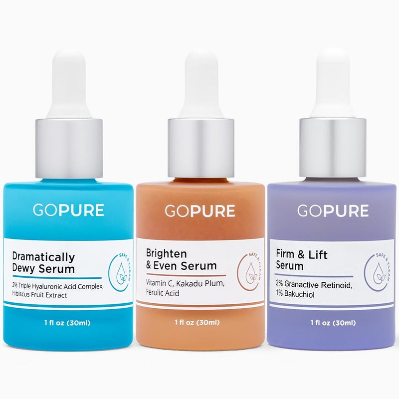 goPure Power Serum Trio Set - Radiant Vitamin C Serum, Hydrating Hyaluronic Acid, Bakuchiol and Retinol for Visibly Brighter, Moisturized, and Firmer-Looking Skin - Set of 3, 1.0 fl oz - Image 1