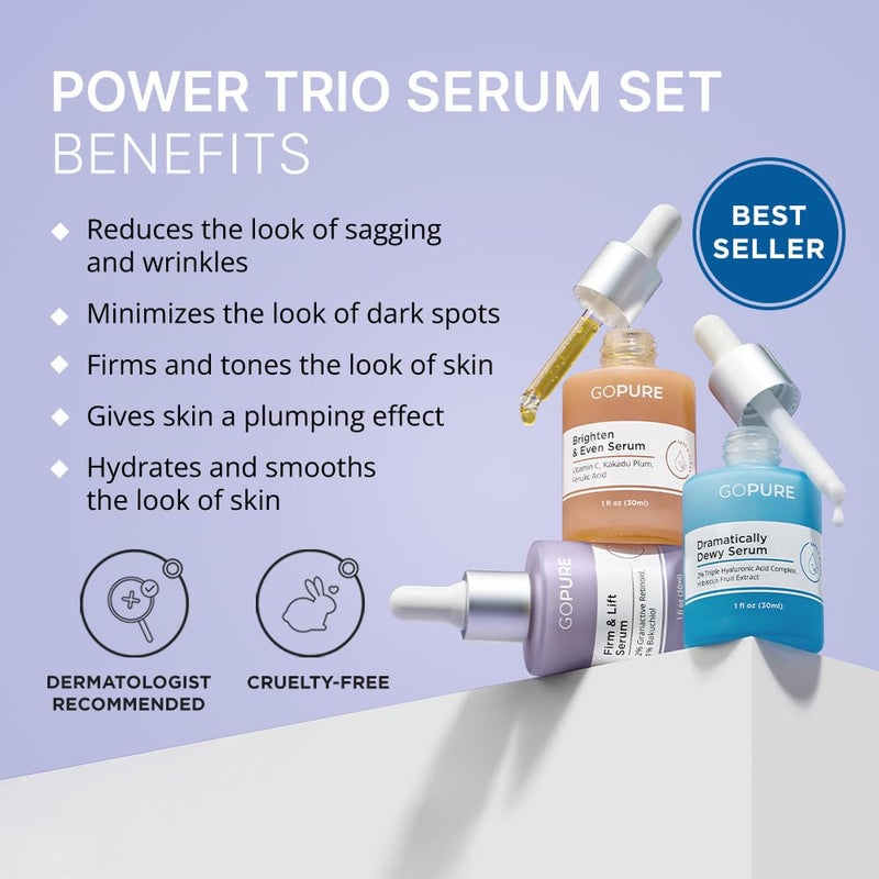 goPure Power Serum Trio Set - Radiant Vitamin C Serum, Hydrating Hyaluronic Acid, Bakuchiol and Retinol for Visibly Brighter, Moisturized, and Firmer-Looking Skin - Set of 3, 1.0 fl oz - Image 2