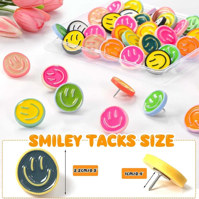 CoolShef 24PCS Smiley Face Push Pins (6 Colors), Cute Decorative Thumb Tacks for Soft Board, Bulletin Board Borders for School, Pin for Notice Board or Office Use - Image 2