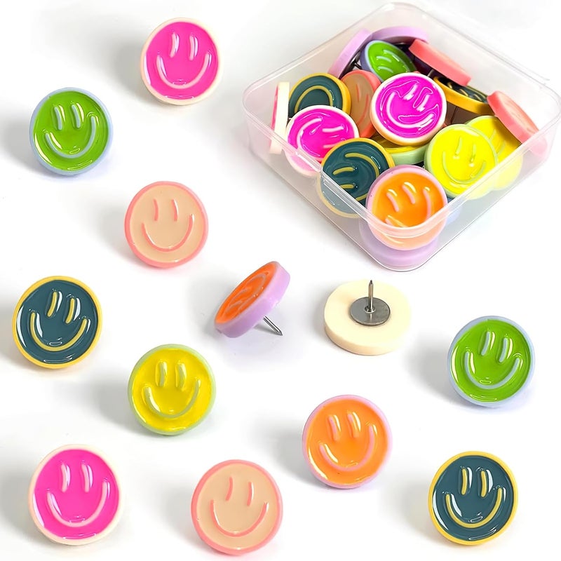 CoolShef 24PCS Smiley Face Push Pins (6 Colors), Cute Decorative Thumb Tacks for Soft Board, Bulletin Board Borders for School, Pin for Notice Board or Office Use - Image 1