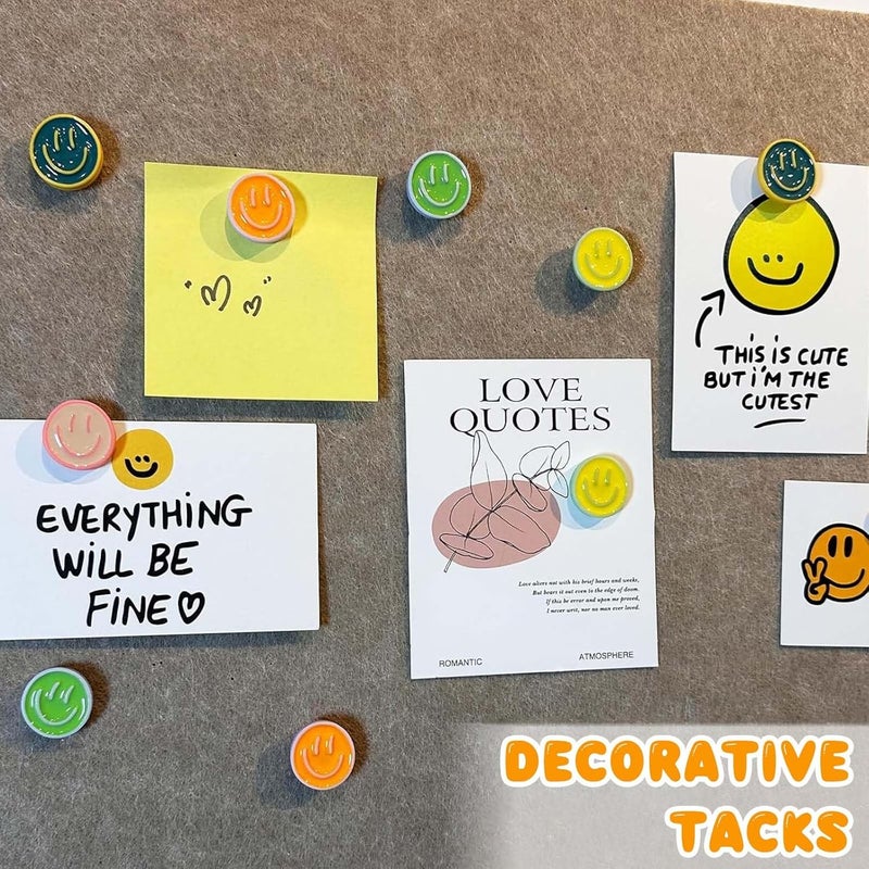 CoolShef 24PCS Smiley Face Push Pins (6 Colors), Cute Decorative Thumb Tacks for Soft Board, Bulletin Board Borders for School, Pin for Notice Board or Office Use - Image 5